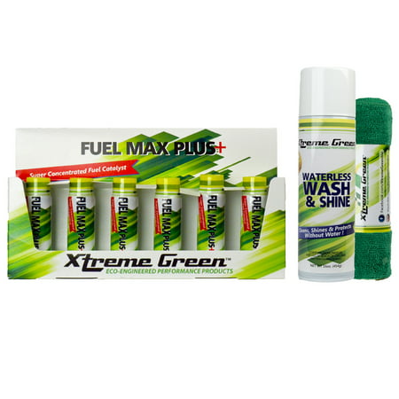 Xtreme Green Waterless Car Wash Kit - Wash & Protect No Water Needed Includes 2 x Towels (16oz) AND Fuel Max Plus+ for Gas & Diesel Reduces Emissions Improve Fuel Economy (6 x 20ml bottle) Value (Best Gas Reducing Bottles)