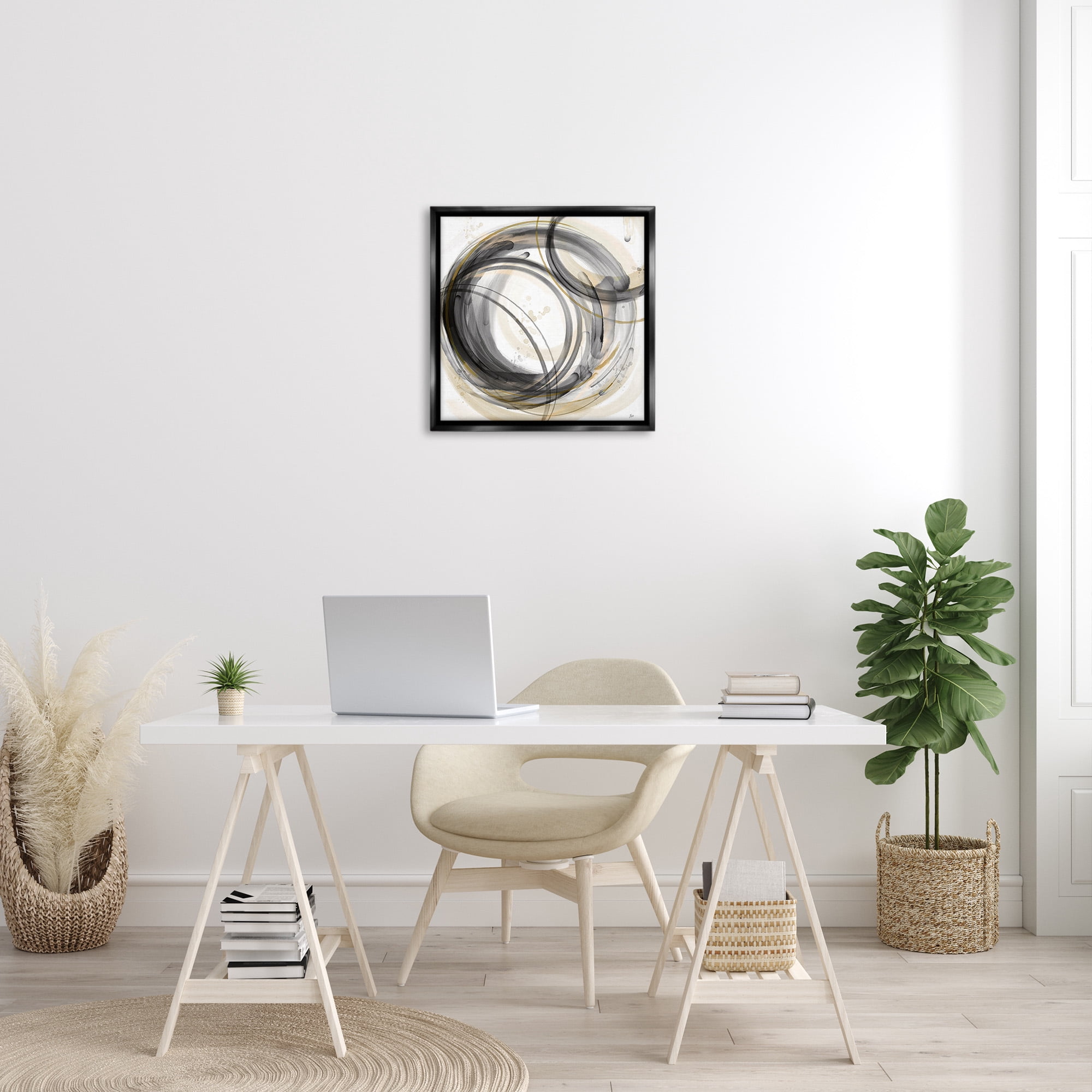 Stupell Industries Neutral Circular Abstract Abstract Painting Black Floater Framed Canvas Art Print Wall Art, 25 x 25