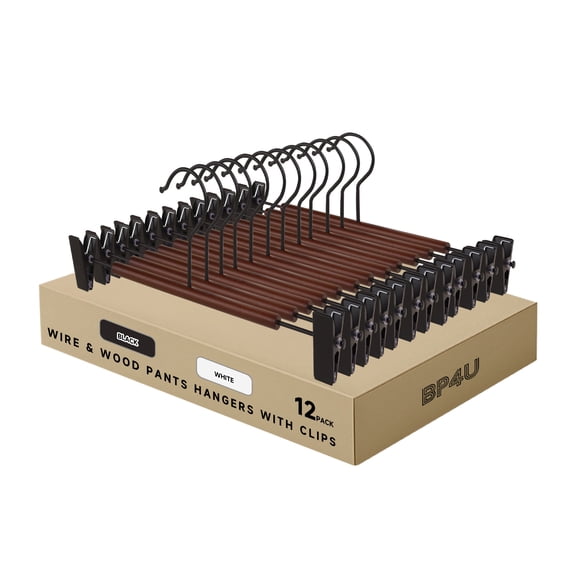 BP4U 12-Pack Metal Pants Hangers with Adjustable Clips, Premium Beech Wood Skirt Bottom Hangers for Trousers, Jeans, Shorts, Socks(Black)