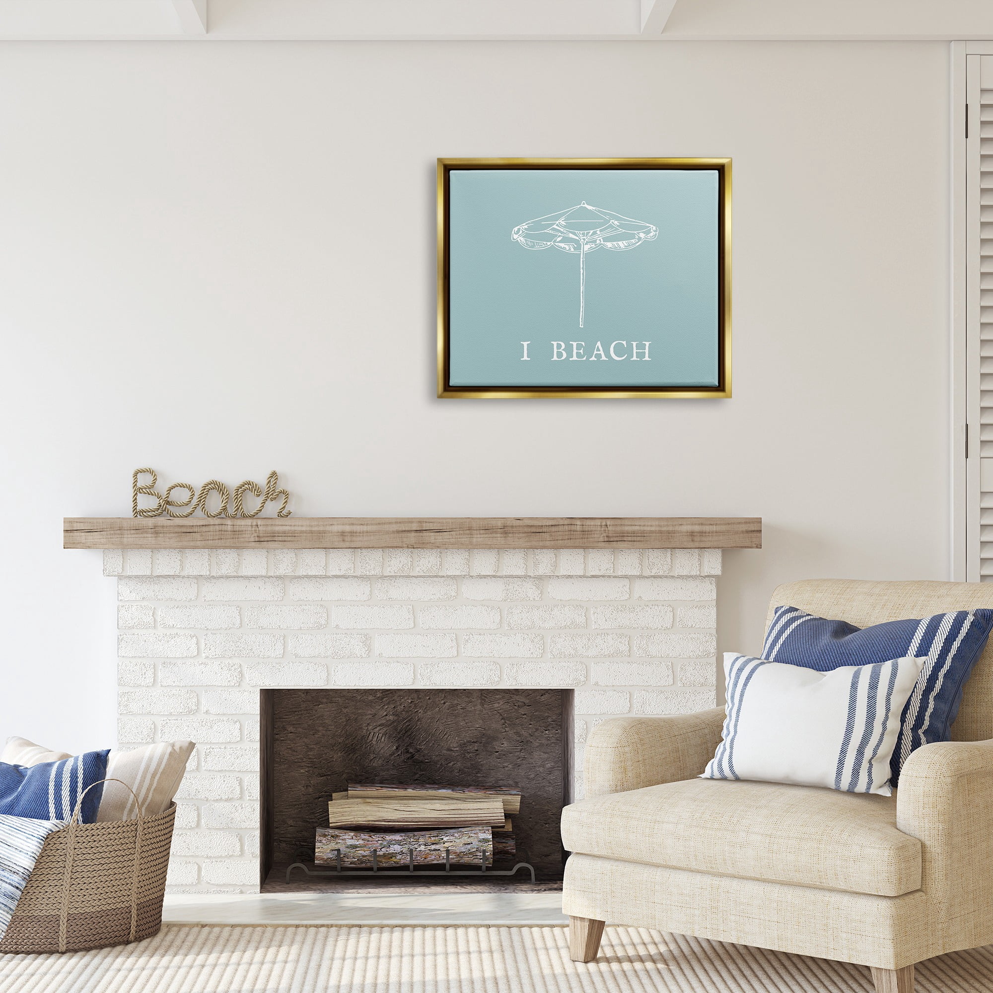 Stupell Industries I Beach Phrase with Umbrella Inspirational Painting Gold Floater Framed Canvas Art Print Wall Art, 31 x 25