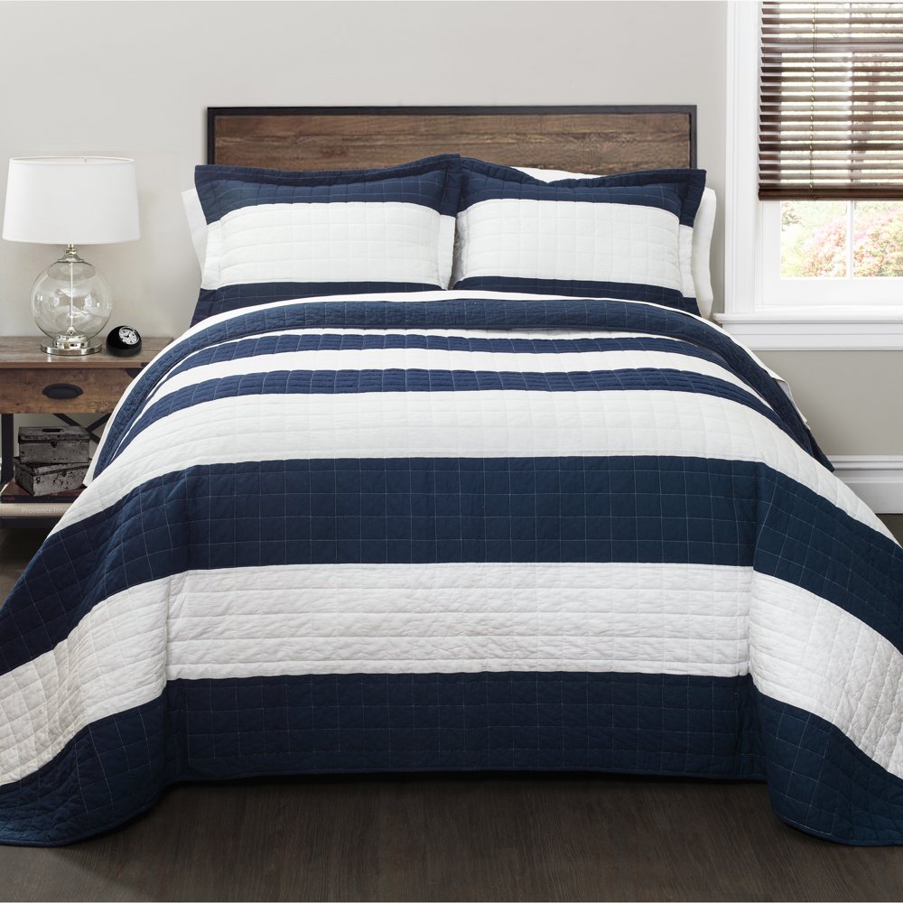 Lush Decor New Berlin Stripe Cotton Quilt, Full/Queen, Navy/White, 3Pc