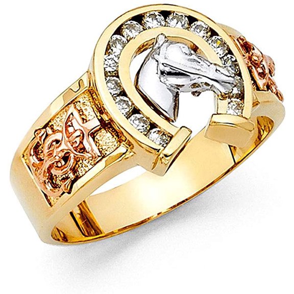 14k Tri Color Gold Cubic Zirconia Lucky Horseshoe Men's Ring for Men's - More Rings (TOP1414, 8)