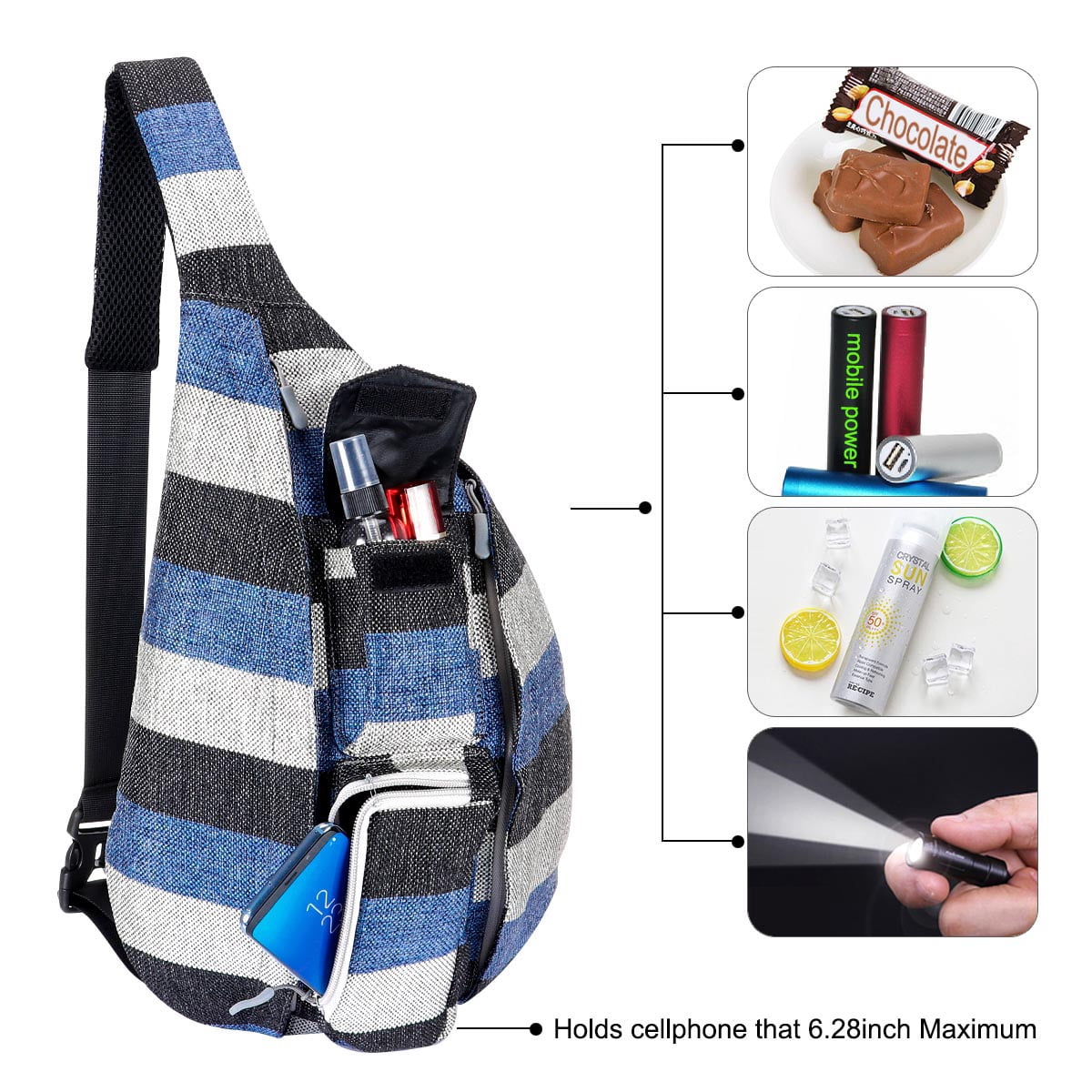 HAWEE Backpack for Women Hiking Backpack Chest Sling Bag Sports Travel Crossbody Daypack, Wide Stripes of Black/ Blue/Gray