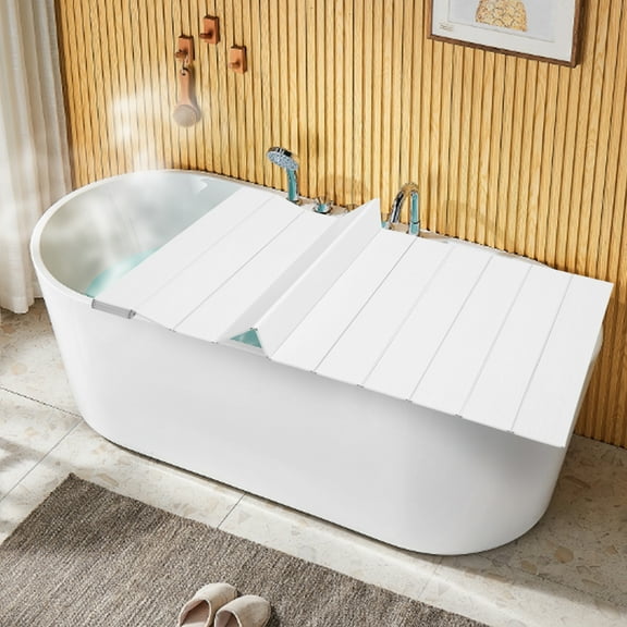 Folding Bathtub Cover with Tray Function, PVC & Stainless Steel, Heat Retention, Dustproof, Fits Standard Bathtubs 63"x31.5"