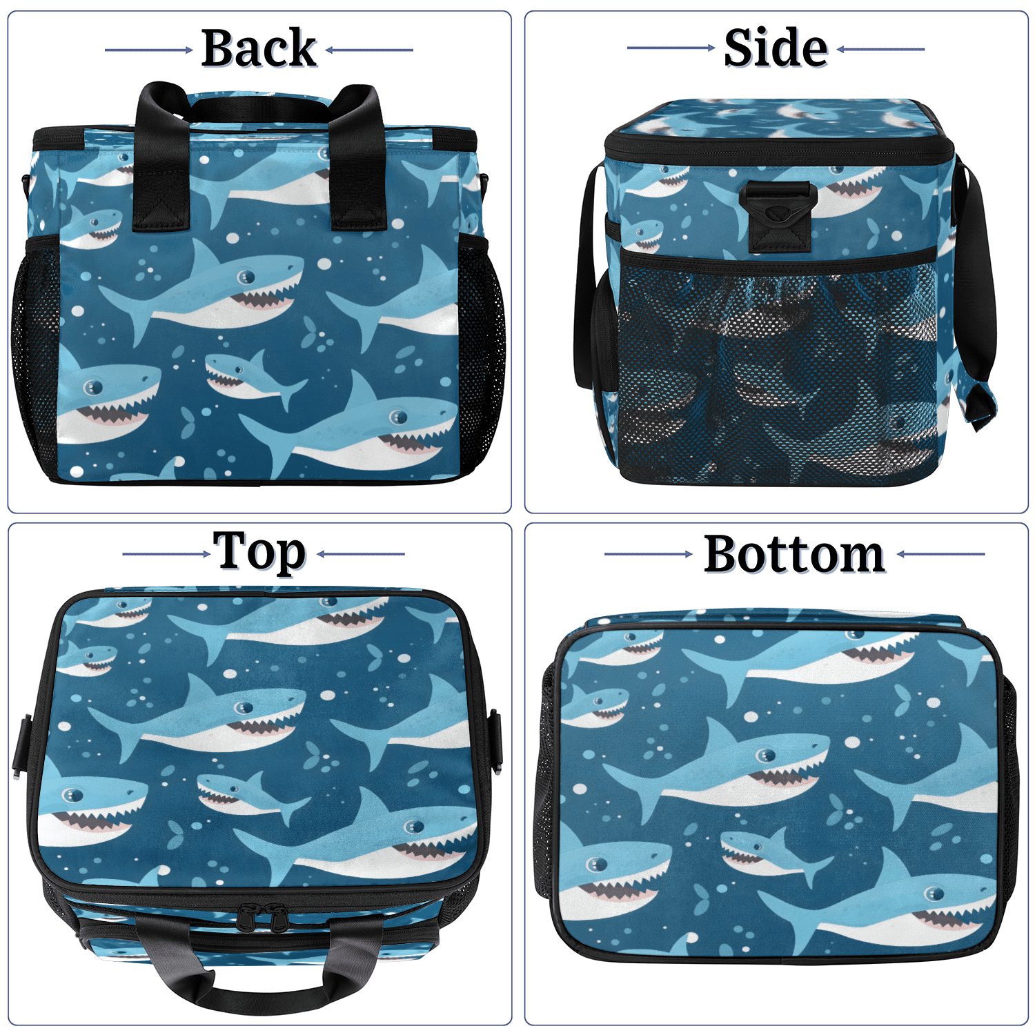 Herdesigns Shark Ocean Themed Large Lunch Box for Adults Women Men with Adjustable Shoulder Strap, Insulated Reusable Lunch Bag Leakproof Cooler Tote Bag