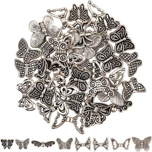 1 Box 50Pcs 10 Styles Silver Butterfly Beads Tibetan Alloy Beads Bulk Metal Flying Animal Insect Loose Spacer Charms for Jewelry Making Bracelets Necklaces DIY Craft Accessories
