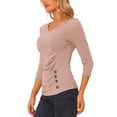 thumbnail image 4 of BLUSA RUCHADA PARA MUJERES CHIC CON BOTONES DECORATIVOS, ESCOTE EN V, MANGAS 3/4, TEJIDO SÓLIDO, TAMAÑO 3XL, BEIGE ROSA, 4 of 6