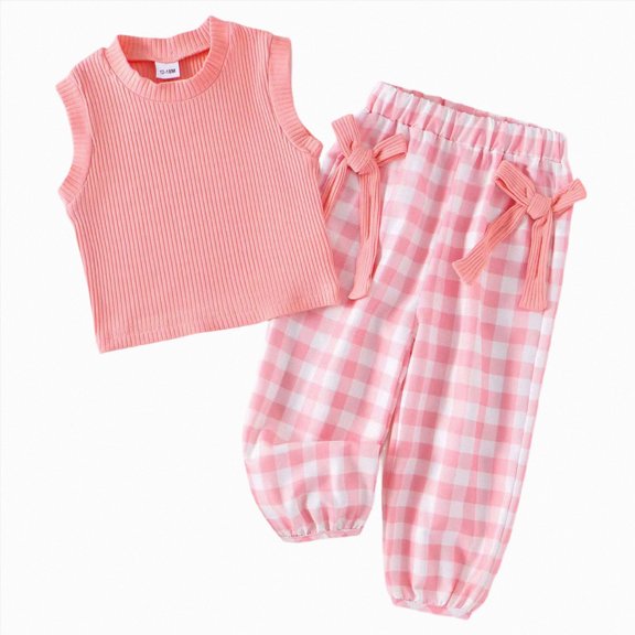 Sgkm Girl Baby Clothes Print Cotton Top with Plaid Pants Toddler Girls Summer Two Piece Outfit Clothing Set Pink 18-24 Months