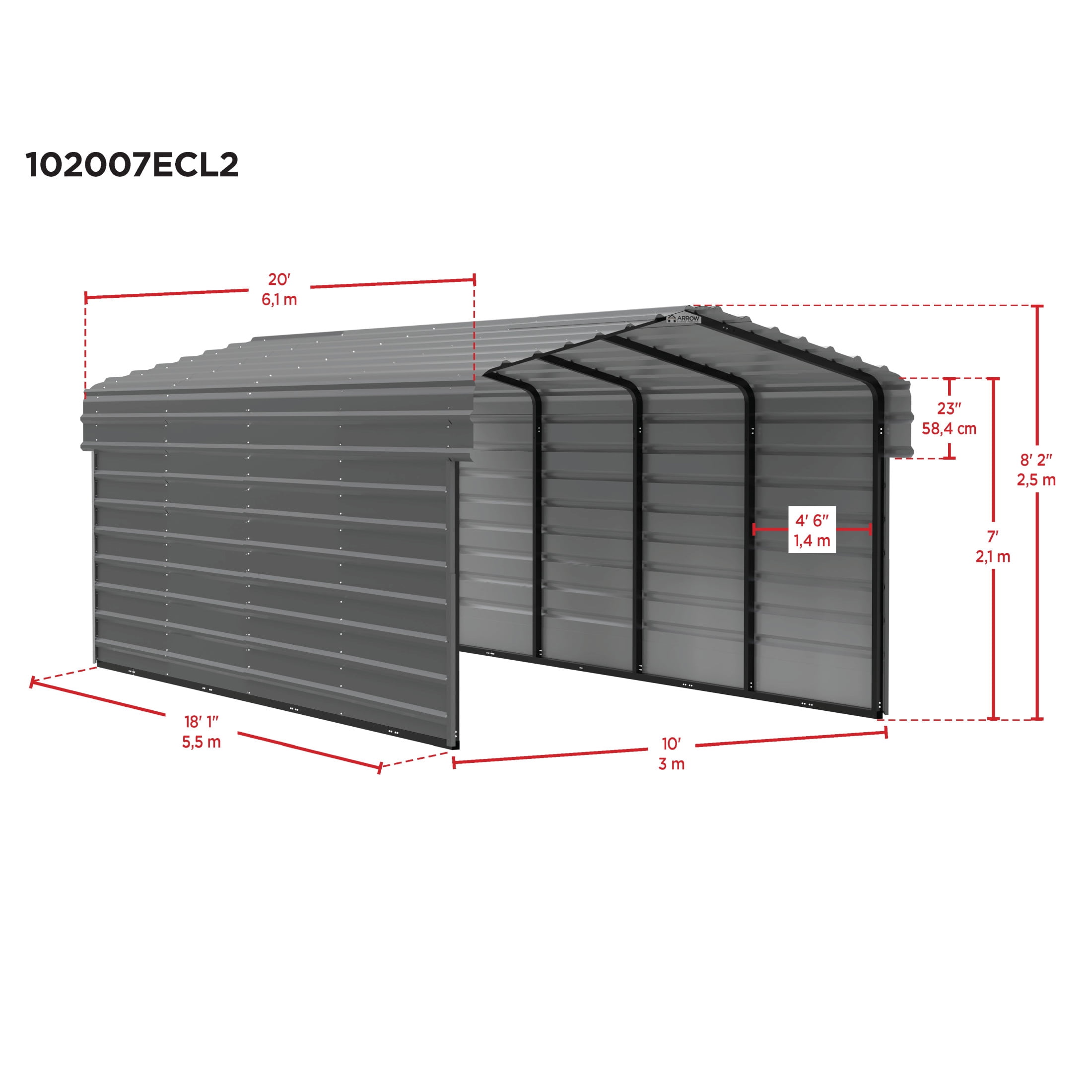 Arrow 10 x 20 x 7 ft Eggshell Steel Carport With 2 Side Wall Kit