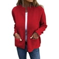 thumbnail image 2 of Women's Fashionable Solid Color Long Sleeved Stand Up Collar Zipper Loose Pocket Jacket Casual Jacket for Fall Winter Outdoor Activities,Red,XL, 2 of 8
