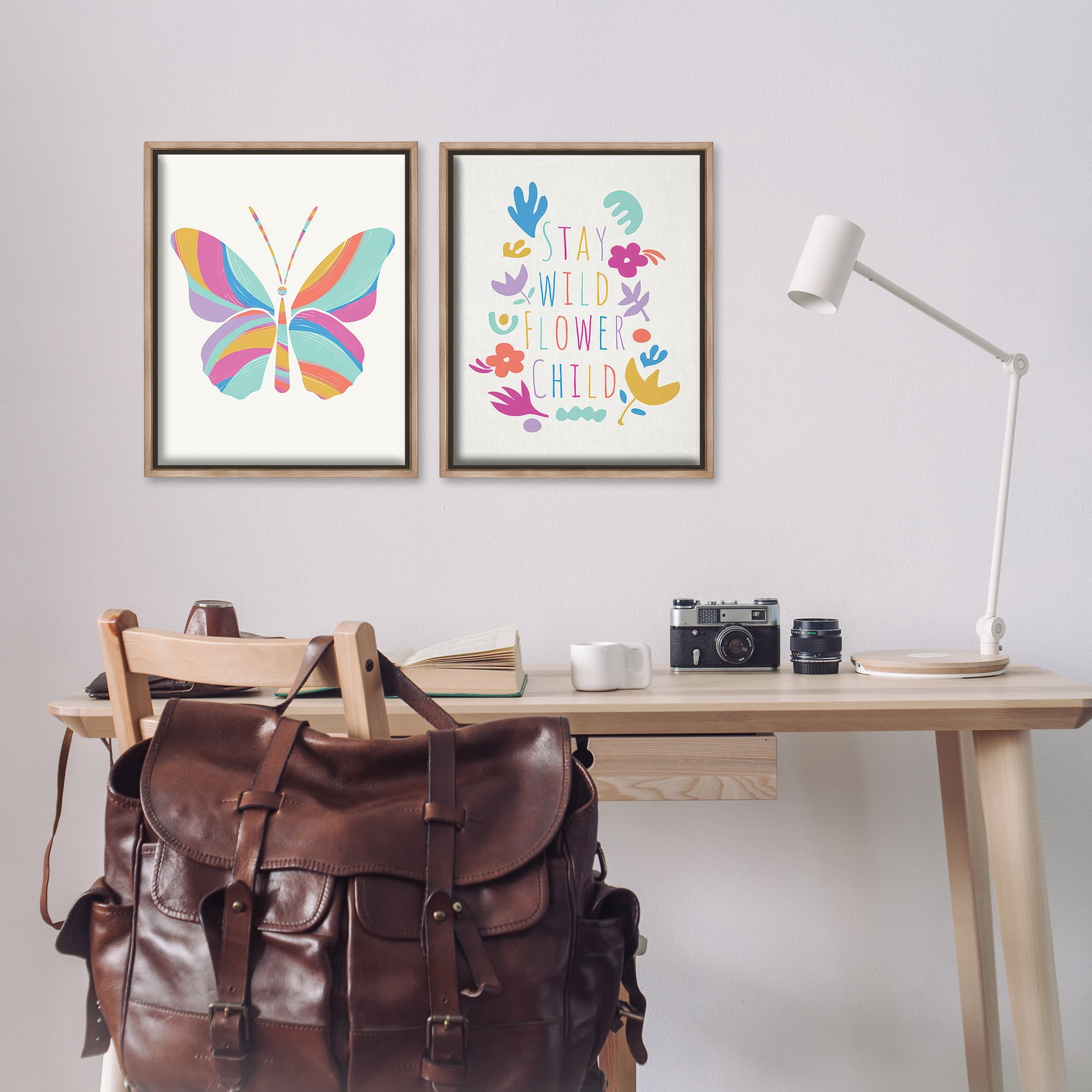 Stupell Industries Stay Wild Butterfly Text & Numbers Painting Brown Floater Framed Canvas Art Print Wall Art, 17 x 21, Set of 2