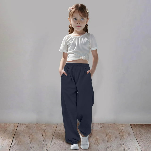 Medium & Large Girls Sweatpants - Solid Color, Drawstring, Fleece-Lined, Adjustable Waist, for Sports & Casual Outings