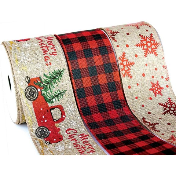 CHRISTMAS RIBBON WIRED RED TRUCK MERRY CHRISTMAS/SNOWFLAKE/BUFALO Black Checkered 2.5 Inch 18 YARD 3 Rolls for Gift Wrapping Xmas Tree Wrap Around Ribbons Wreath, Holiday Decor Bows Decorating