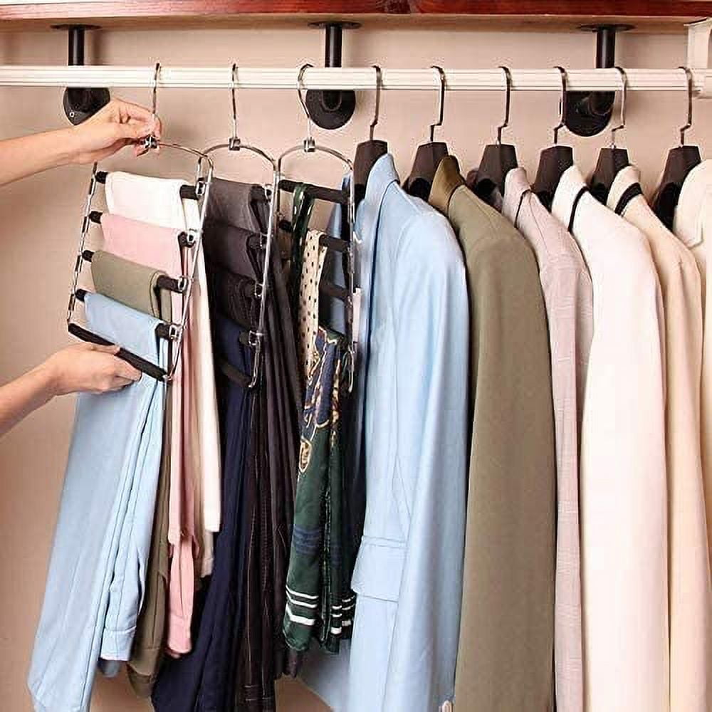 Pants Hangers 5 Layers Stainless Steel Non-Slip Foam Padded Swing Arm Space Saving Clothes Slack Hangers Closet Storage Organizer for Pants Jeans Trousers Skirts Scarf Ties Towels(Pack of 2)