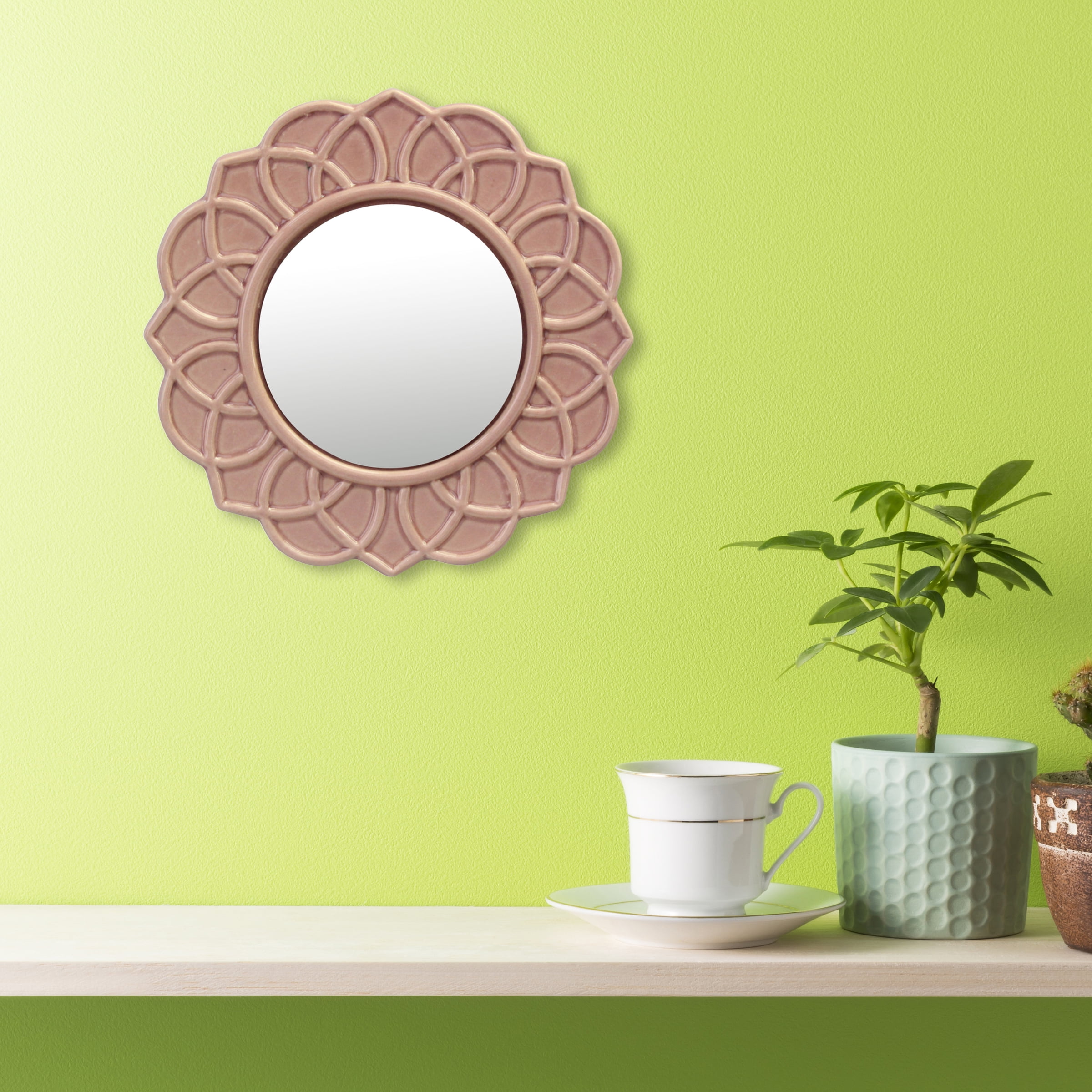 Stonebriar 9 in. Circle Ceramic Floral Wall Mounted Mirror, Pink