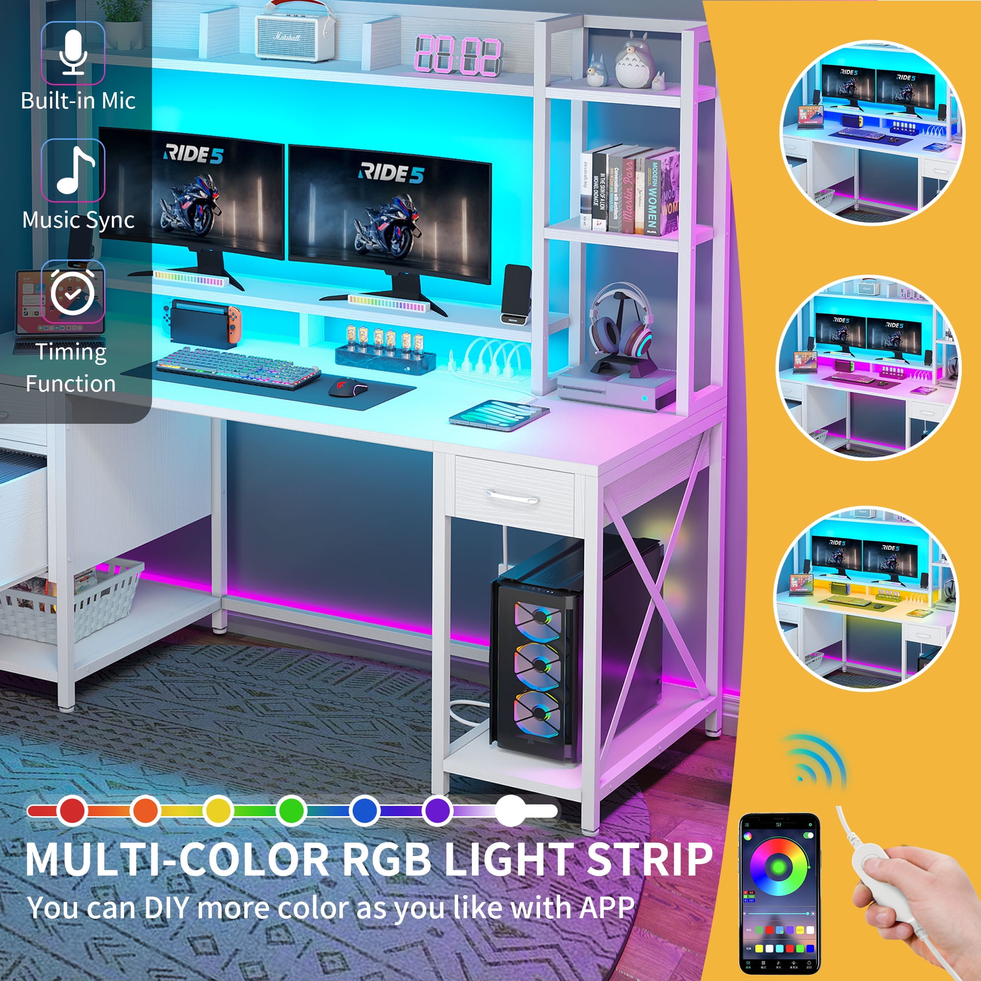Uforic Computer Desk with Hutch& Led Light, Gaming Desk with Power Outlets, Home Office Desk, White