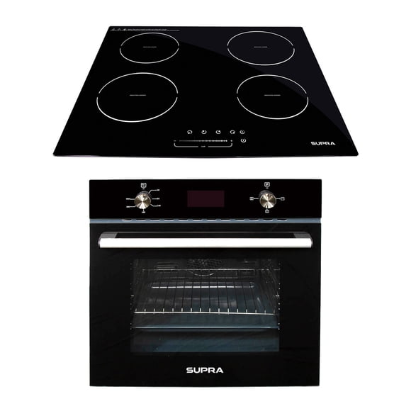 Combo PERFETTA SUPRA Horno Eléctrico Empotrable Zafiro Display Digital 220 V y Parrilla de Inducción Magnética 4 Quemadores 220 V Cristal Templado Negro.
