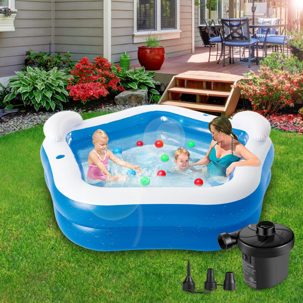 Inflatable Pool with Pump and Seats 7ft x 30in Above Ground Pool, Summer Fun Blow Up Pool