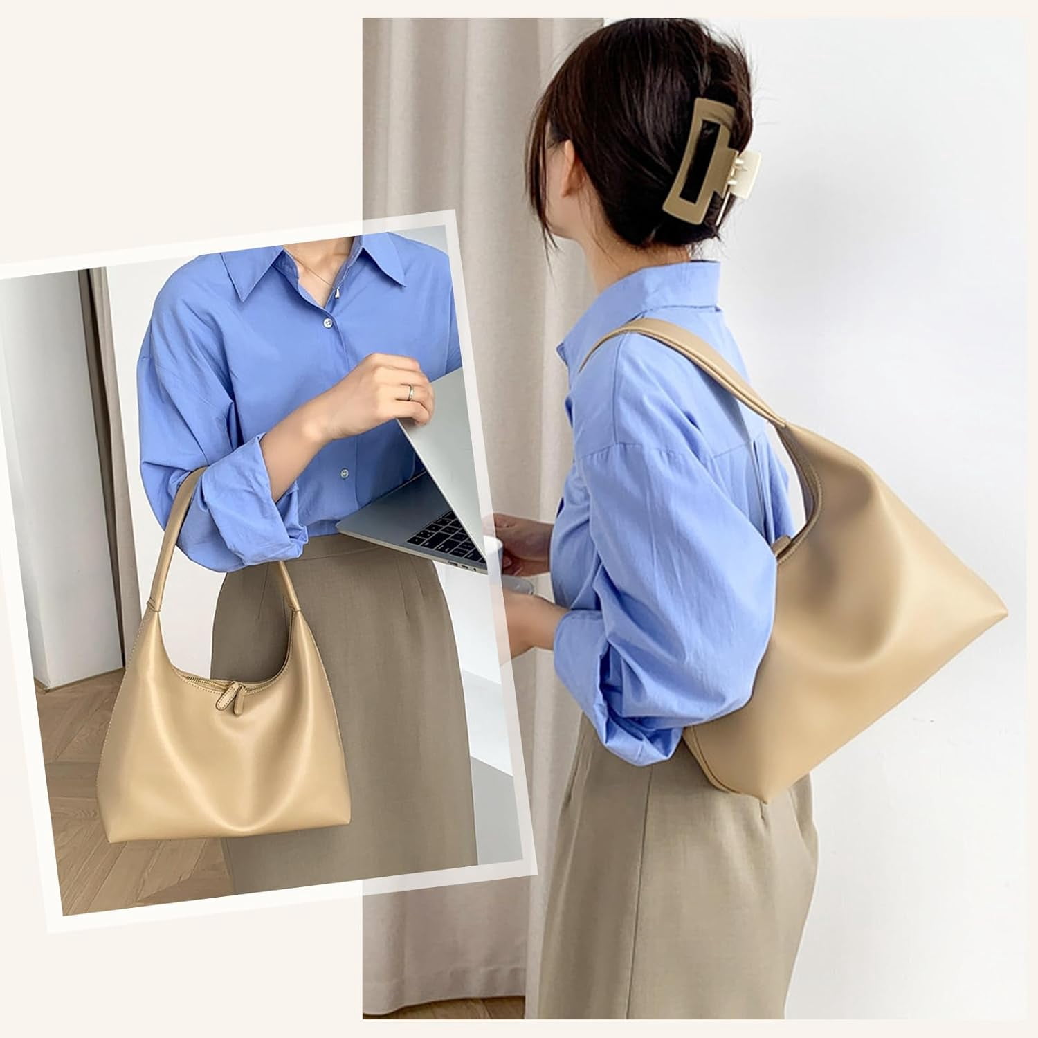 Kwuty Leather Hobo Bag Small Shoulder Purses for Women Slouchy Tote Handbag Vegan Leather Crescent Bag