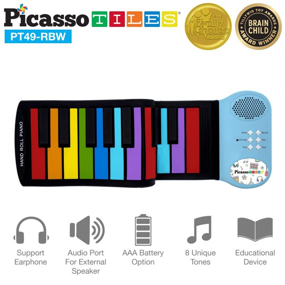 PicassoTiles PT49 Kid's 49-Key Flexible Roll-Up Educational Electronic Digital Music Piano Keyboard w/ Recording Feature, 8 Different Tones, 6 Educational Demo Songs & Build-in Speaker