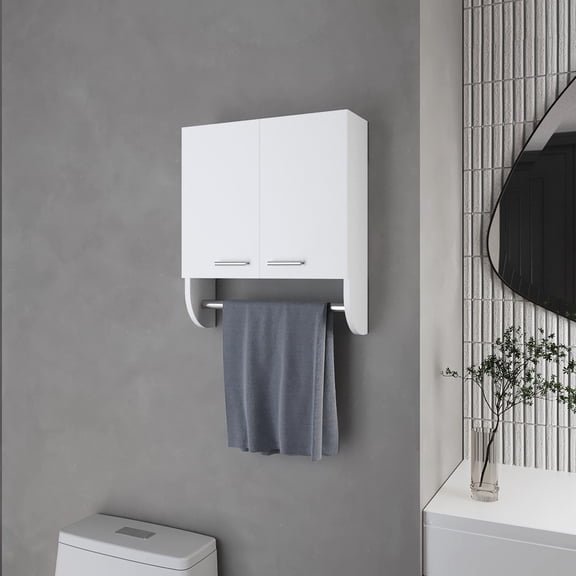 White Bathroom Cabinet - 2 Doors, Shelves, Towel Bar Wall Mounted Modern & Functional Design , Piece