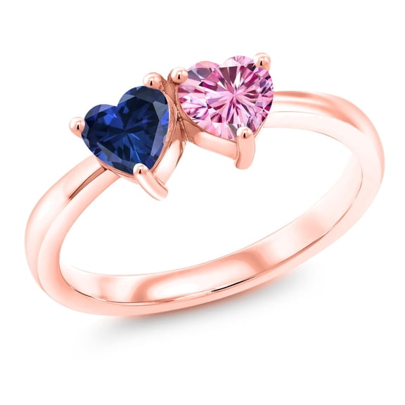 Gem Stone King 18K Rose Gold Plated Silver Fashion Right-Hand Ring Heart Shape Blue Created Sapphire and Vivid Pink Moissanite (1.00 Cttw, Size 7)