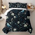 thumbnail image 2 of Homewish Halloween Bird Skull Quilt Full,Rustic Floral Pattern Full Bedspread Sets,Navy Teal Black,3 Pieces, 2 of 7