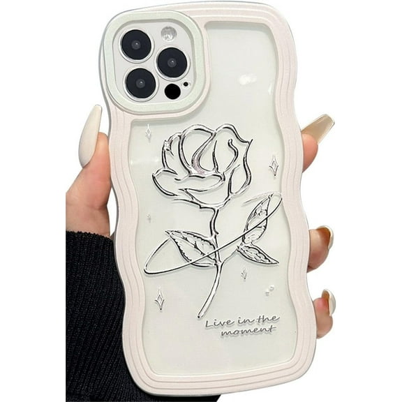 Compatible iPhone 14 Pro Wave Case, Aesthetic Cute Rose Flower Pattern, Detachable Wavy Border Design, Soft TPU Shockproof Protective Phone Case for Women and Girls (Clear)