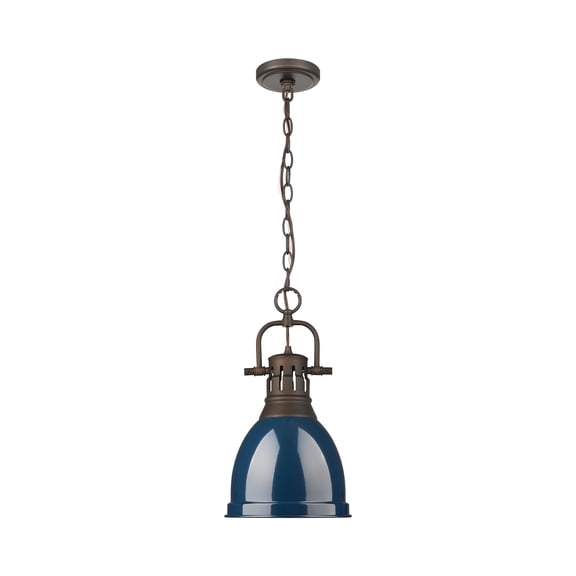 Yep by Golden Lighting Duncan 1-light 9in Chain Hung Pendant in Rubbed Bronze and Navy Blue shade