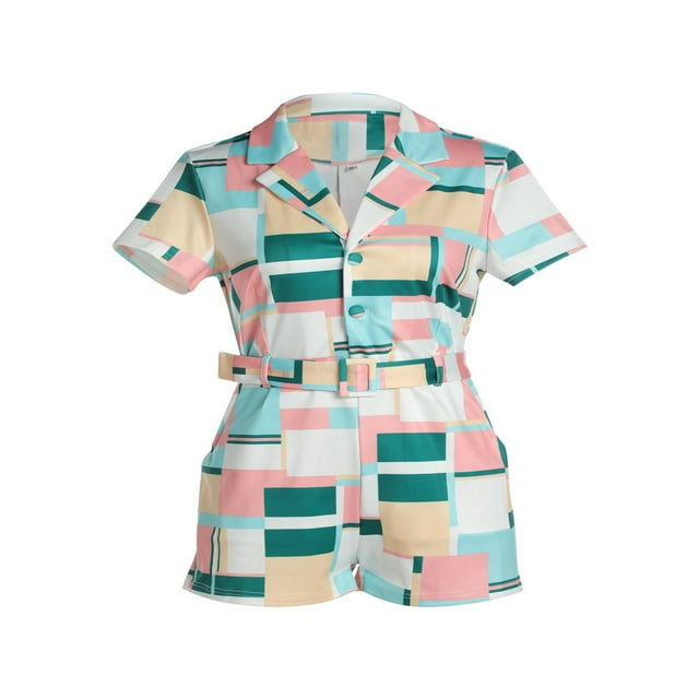 PENGXIANG Summer Female Color Block Collar Short Sleeve Romper with Waist Belt New Style