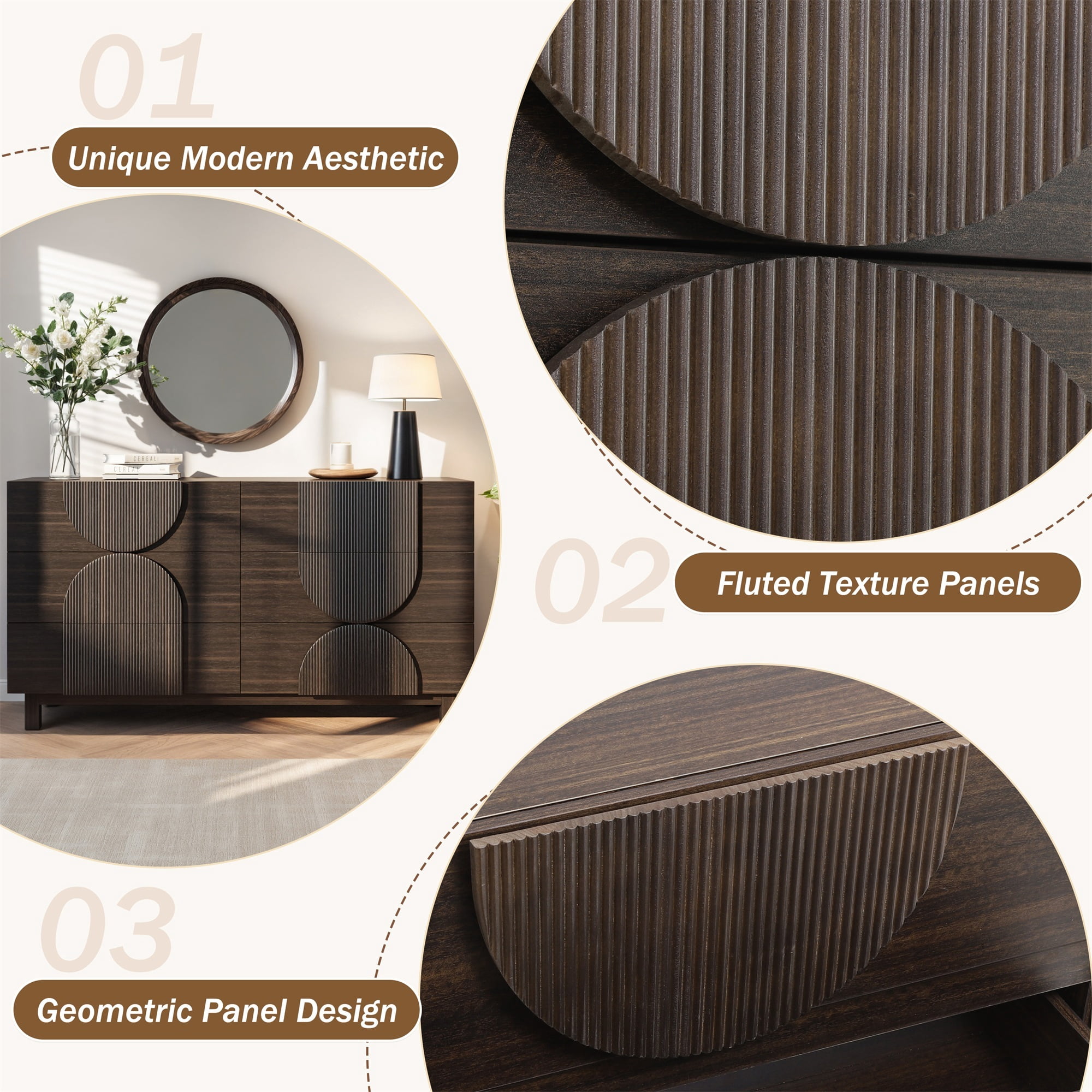 Alvantor 6 Drawer Dresser, 60" Wide Wooden Chest of Drawers, Fluted Dresser for Bedroom,Living Room, Hallway Dark Brown