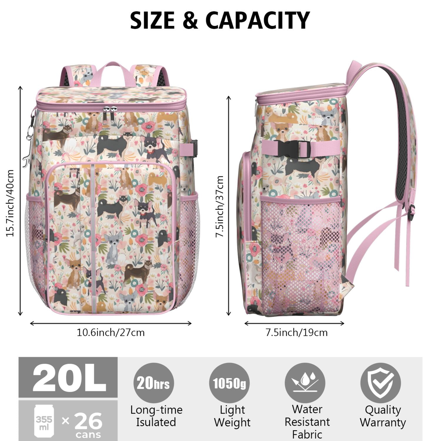 Travel Cooler Bag - Chihuahua and Flower Camping Beer Cooler Backpack with Bottle Opener- Waterproof Insulated Picnic Backpacks - Cooler Bag for Beach
