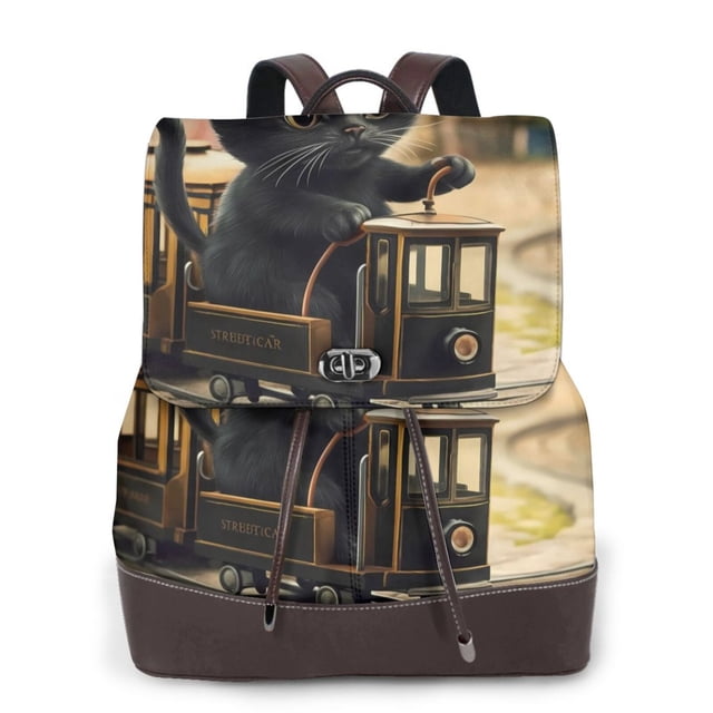 Easygdp Adorable Kitten On Mini Train Mochila de Cuero para Mujeres, Bolso de Hombro, Bolsos de Mano de Moda para Trabajo y Viajes