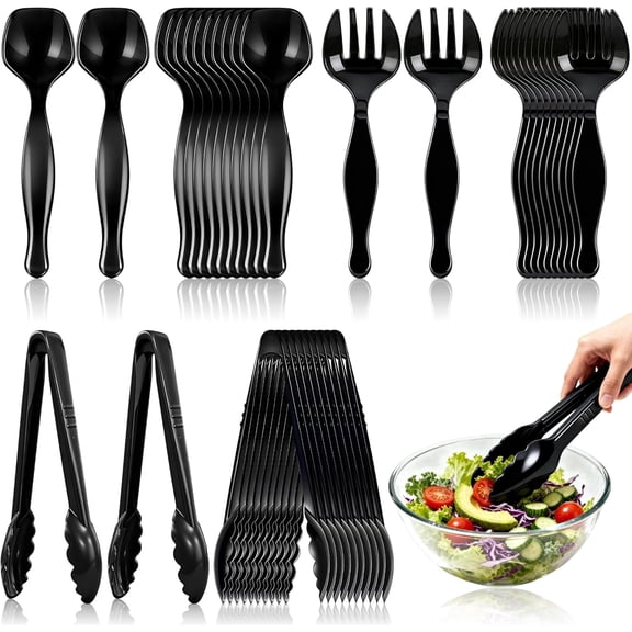 36Pcs Disposable Plastic Utensils Set, 12 Black Spoons, 12 Forks, 12 Tongs, 9-Inch for Party Buffet Catering Events