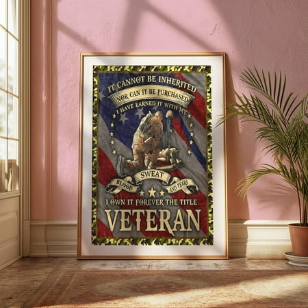 Military Veteran Tribute Wall Art Patriotic US Flag I Own The Title Army Navy Marines Gift Camo Border Design Unframed Canvas