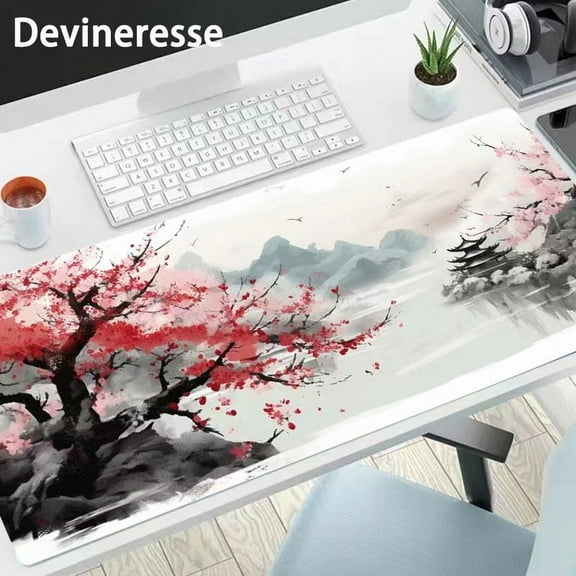 Ink Style Cherry Blossoms Plum Blossoms Gaming Mouse Pad Desk Mat Desk Pad Large Gaming Mousepad Office Keyboard Pad Computer Mouse Non-Slip Computer Mat Stitched Edges Mousepad, Long Mouse Pad