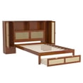 thumbnail image 5 of Twin Size Walnut Wooden Bed w/ Rattan Headboard, Storage Lockers & Drawer - Platform Bed for Bedroom. Space-Saving Design, Durable Wood. 87.4"x69.1", 5 of 14