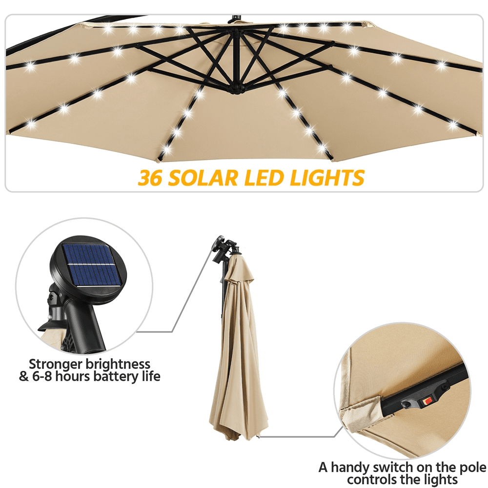 Alden Design 8' Tan Solid Print Octagon Cantilever Patio Umbrella, LED Lights