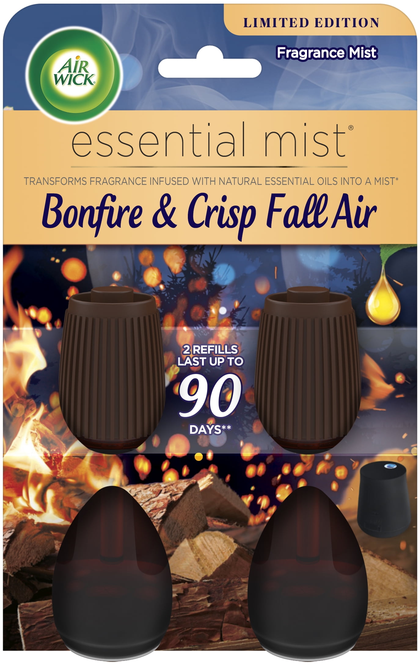 Air Wick Essential Mist Refill, 2ct, Bonfire & Crisp Fall Air, Fall Scent, Essential Oils, Air Freshener