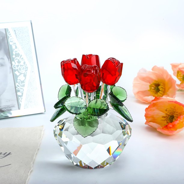 H&D Crystal Tulips Flower Figurine - Pink K9 Crystal Glass Ornament, Gift For Mom, Valentine's Day