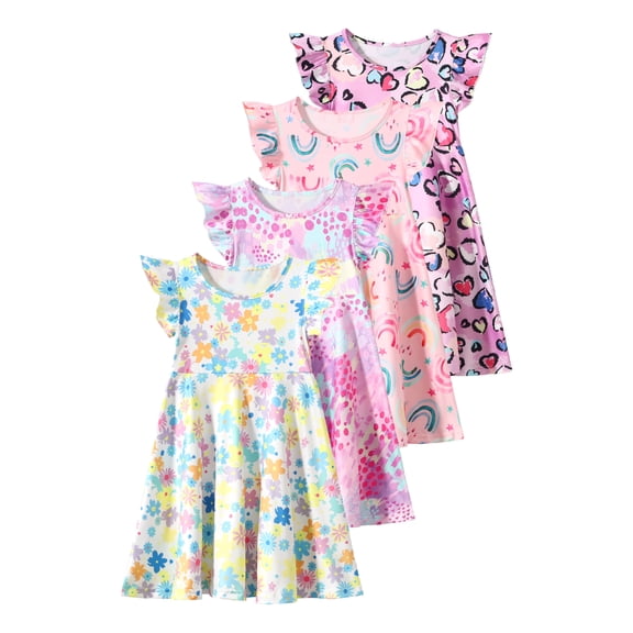 Jolyshlid Girls Dresses 4Pcs Floral Print Flutter Sleeve Swing Sundress Sleeveless Cute Summer Midi Dresses Casual Kids A-line Dress Colorful flower 4pcs 7-8 Years