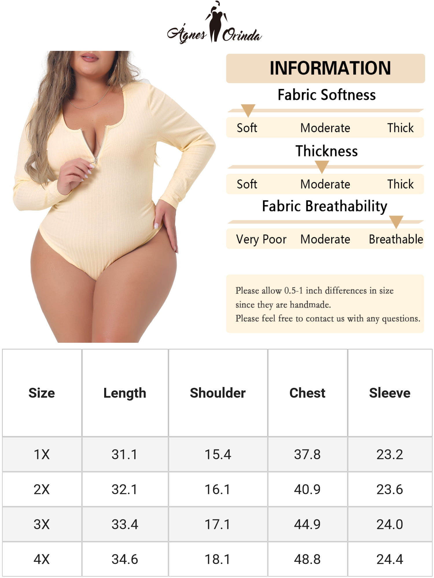 Unique Bargains Women's Plus Size Deep V Neck Zip Up Tops Bodysuit Jumpsuit 3X Beige
