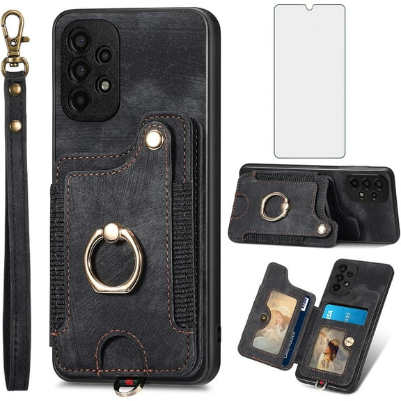 Phone Case for Samsung Galaxy A23 5G/4G Wallet Cover with Tempered Glass Screen Protector and Wrist Strap Lanyard RFID Credit Card Holder Ring Stand Cell Accessories A 23 23A 6.6 Women Black