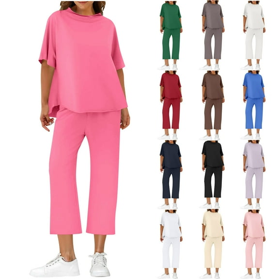 QATAINLAV Women's Oversized Lounge Set 3/4 Batwing Sleeve Crew Neck Pullover Tops Matching Loose Wide Leg Pants Two Piece Outfits, Brown, XL, Gifts for Girls