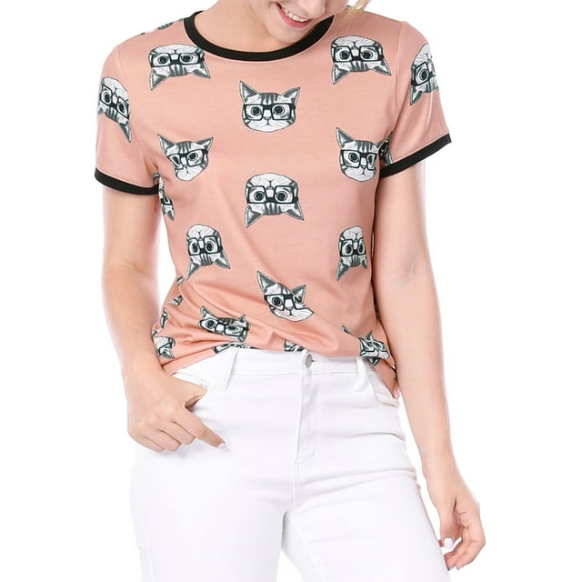 INSPIRE CHIC Women's Short Sleeve Contrast Cartoon Pet Print Tee Ringer T-Shirt Tops XL Pink