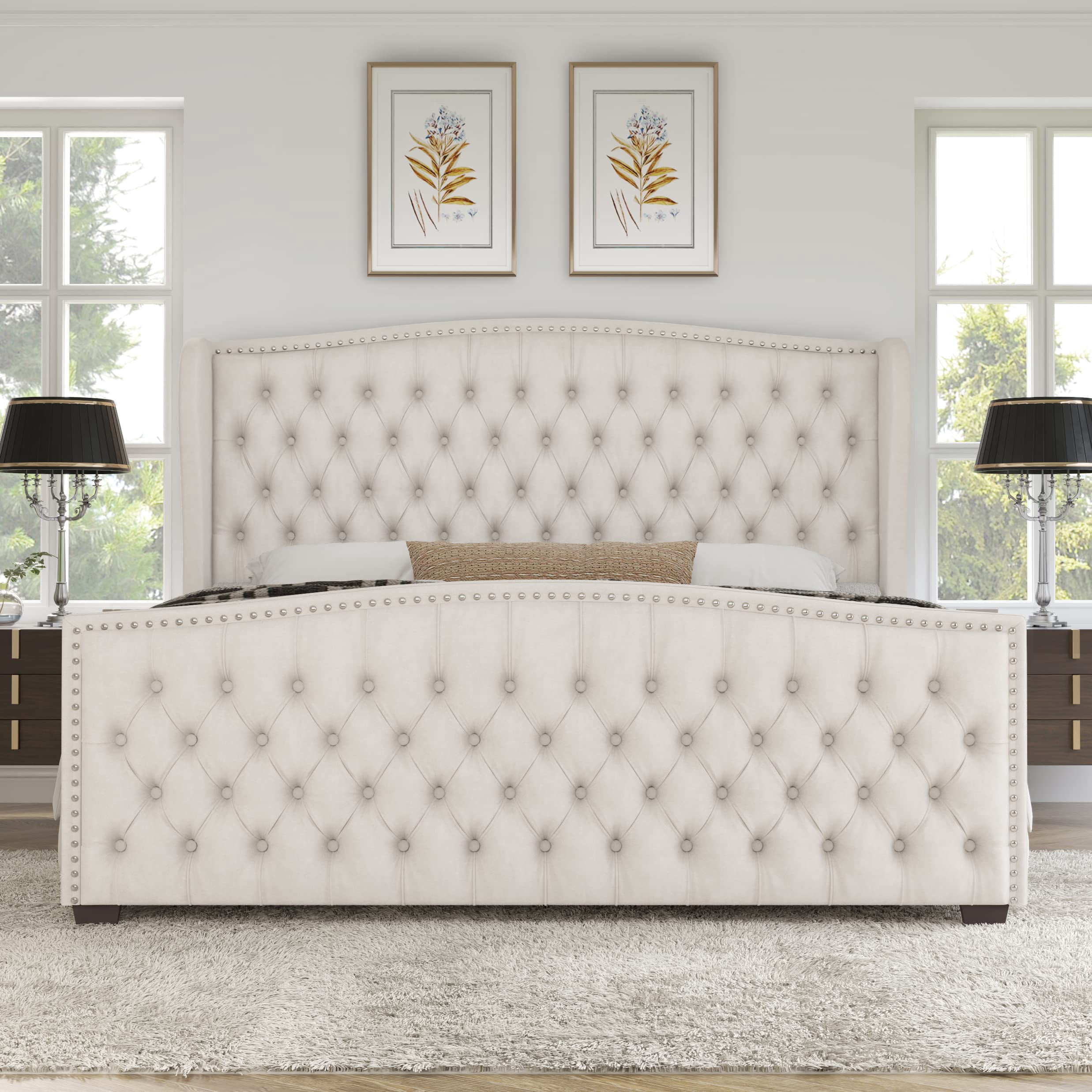 VanAcc Queen Size Platform Bed Frame, Velvet Upholstered Bed with Deep Button Tufted & Nailhead Trim Wingback Headboard/No Box Spring Needed/Cream