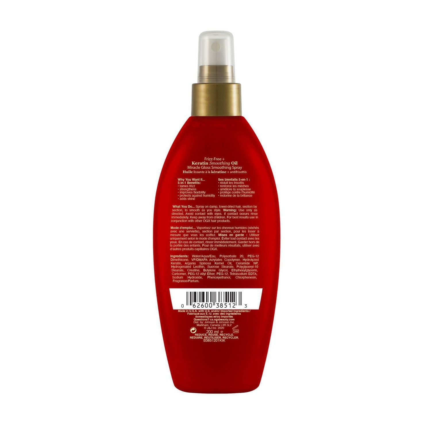 Bruine lissante OGX Frizz-Free + Keratin Smoothing Oil Miracle Gloss, 5-en-1, antifrisottis, cheveux lustrés, kératine, huile d'argan