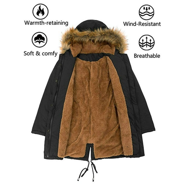 Women Hooded Thicken Fleece Lined Parka Jacket Warm Winter Faux