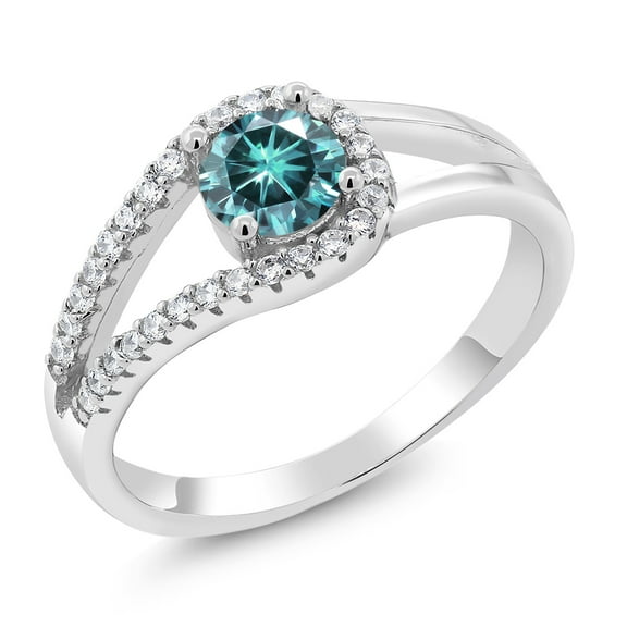 Gem Stone King 925 Sterling Silver Blue Moissanite Engagement Ring for Women | 0.85 Cttw | Round 5MM | Gemstone Birthstone | Size 7