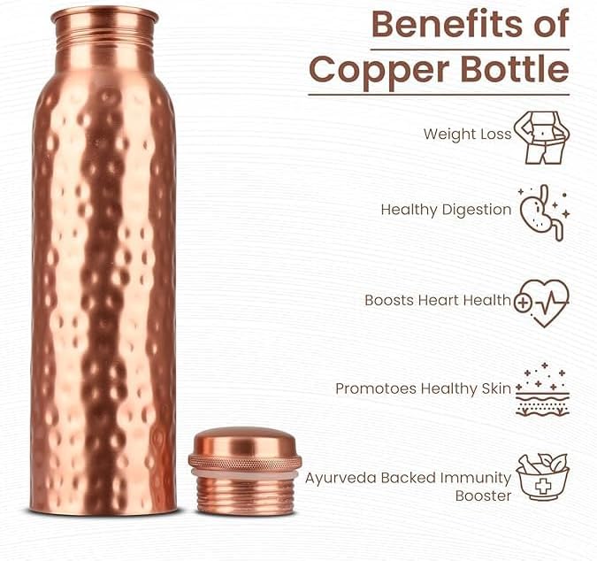 Authentic Nature Pure Copper Water Bottle, 1 Litre Ayurvedic Design, Hammered Finish, Leak-Proof Cap, Handcrafted in India for Daily Hydration and Wellness (Pack of 2 Bottles)